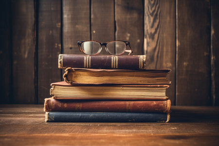 Old books and glasses on a wooden background. Vintage style toned picture, A vintage pile of five old brown leather books with eyeglasses on a wood table, AI Generatedの素材