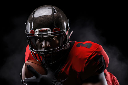 American football player in helmet and jersey on black background with orange smoke, An American football player in a helmet holding a rugby ball, AI Generatedの素材