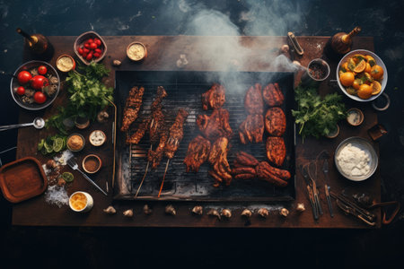 Grilled meat with spices on a wooden table. Top view, Barbecue cooking outdoor leisure party, top view, AI Generatedの素材