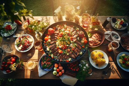 Dining table with different food on it at sunset. Top view, Barbecue cooking outdoor leisure party, top view, AI Generatedの素材