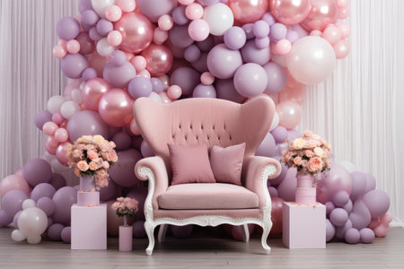 Pink armchair with pink flowers and candles on a background of balloons, Beautifully decorated armchair and balloons for a baby shower party, AI Generatedの素材
