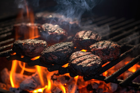 Grilled beef steaks on the barbecue grill with flames and smoke, Barbecue grill pit with glowing and flaming hot charcoal briquettes, close-up, AI Generatedの素材