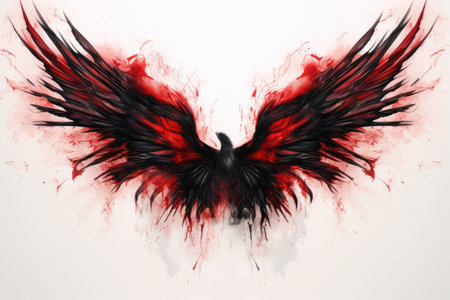 Black wings of a crow on a background of red blood splashes, Beautiful magic red-black wings drawn with a watercolor effect, AI Generatedの素材