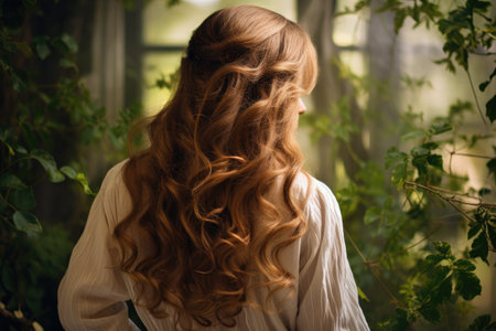 Portrait of beautiful young woman with long curly hair in the garden, Beautiful young woman with long hair viewed from the rear, AI Generatedの素材