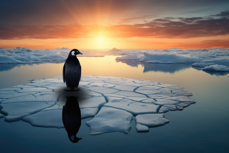 penguin on ice floe at sunset. 3d render, A lone penguin on a melting ice floe representing climate change and global warming, AI Generatedの素材