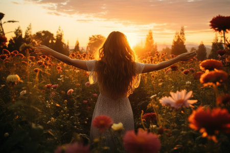 Beautiful young woman in a flower field at sunset. Back view, A joyful woman standing in a flower garden, marveling at the sunset view, AI Generatedの素材