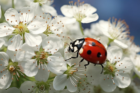 Ladybug on white flowers of a blossoming tree. Macro, A lovely ladybug perched on a white flower, AI Generatedの素材
