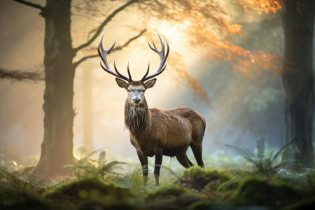 Red deer stag in the forest during rutting season, UK, A majestic Red Deer Cervus elaphus stag is seen in the morning mist in the UK, AI Generatedの素材