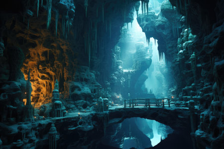 Cave with stalactites and stalagmites. 3d rendering, A mesmerizing underwater cave system full of stunning stalactite formations, bioluminescent creatures, and hidden chambers, AI Generatedの素材