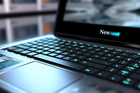 Laptop with News on the screen. News concept. 3D illustration, A news concept with a computer keyboard featuring a News icon and the word News on the enter button background, AI Generatedの素材