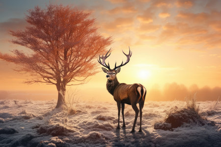 Red deer in winter landscape with trees at sunset. 3d render, Red Deer Cervus elaphus in Winter at Sunrise, AI Generatedの素材