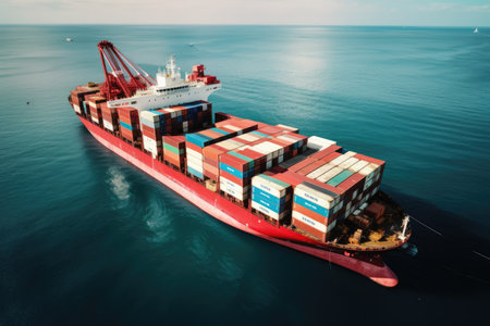 Container Cargo freight ship with working crane bridge for Logistic Import Export background, Container ship in the sea. Top view, AI Generatedの素材