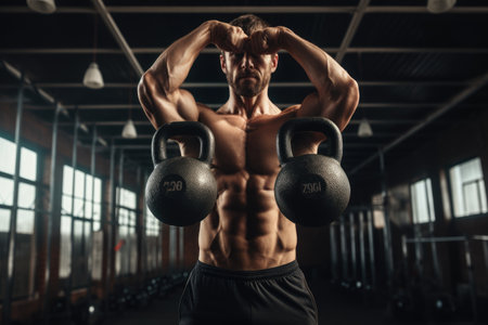 Handsome Man Working Out Biceps - Dumbbell Concentration Curls, A weightlifter practicing with kettlebells at the gym, top section cropped, faces not revealed, front view, with no, AI Generatedの素材