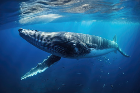 Humpback whale swimming in deep blue ocean. Underwater photography, A whale gracefully swimming in the deep blue sea, specifically a Humpback whale in the ocean, AI Generatedの素材