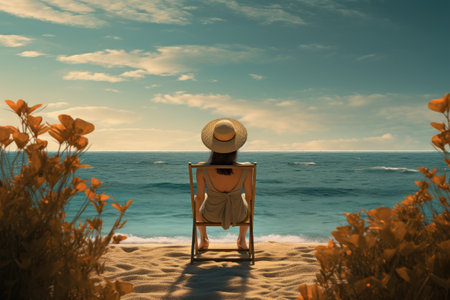 Woman in hat sitting on a chair on the beach and watching the sea, A woman enjoying the view at the beach or ocean, AI Generatedの素材