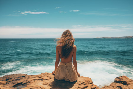 Young woman sitting on the edge of cliff and looking at the sea, A woman enjoying the view at the beach or ocean, AI Generatedの素材