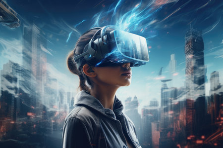 Young woman in virtual reality helmet against cityscape background. Mixed media, A young woman using a virtual reality headset embodies the future technology concept in a double, AI Generatedの素材