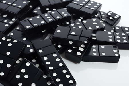 black dice on a white background, close up shot, top view, Black dominoes on a white background, AI Generatedの素材