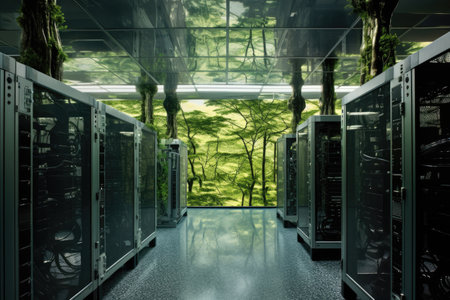 Server room data center with green trees. 3d render concept, Bright server room with trees and grass growing out of servers, AI Generatedの素材