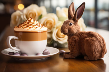 Cup of cappuccino with chocolate bunny on wooden table, Chocolate Easter bunny sitting beside a coffee latte, AI Generatedの素材