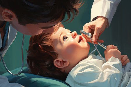 Doctor examining a little boy with a stethoscope. 3D rendering, Closeup of a baby boy having a medical checkup, AI Generatedの素材