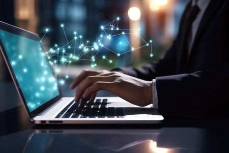 Close up of businesswoman hands working on laptop computer with network connection, Close-up of a businessman's hands typing on a laptop keyboard, Network and communication concept, AI Generatedの素材