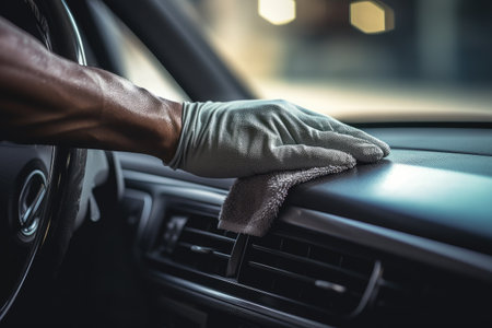 Close-up of hands in gloves cleaning car interior with microfiber cloth, Close-up of a male worker's hand cleaning the car dashboard, AI Generatedの素材