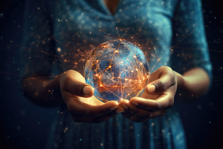 Close up of woman holding in hands glowing earth globe. Global business concept, Close-up of a woman's hand holding the global network connection concept, Mixed media, AI Generatedの素材