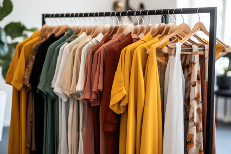 fashionable clothes hanging on hangers in modern dressing room at home, Clothing on a hanger at the modern shop boutique, AI Generatedの素材