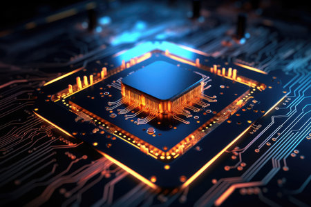 Close-up view of electronic circuit board with processor. 3D rendering, An abstract technology background with a circuit board is presented, embodying an artificial intelligence concept, AI Generatedの素材