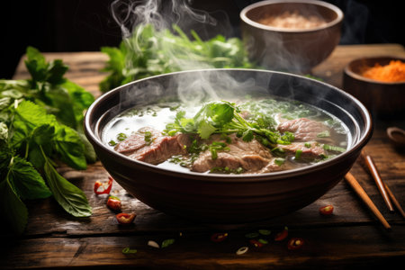 asian food, pork and pork, An image of a steaming bowl of pho with tender slices of beef and fragrant herb, AI Generatedの素材