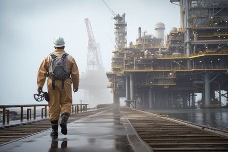 oil worker on the platform in the industrial port, An offshore oil rig worker walks to an oil and gas facility to work in the process area, AI Generatedの素材