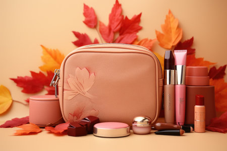 Makeup bag with cosmetics and autumn leaves on beige background, Autumn beauty background, Cosmetic bag with make-up beauty products and autumn leaves at pastel background, AI Generatedの素材