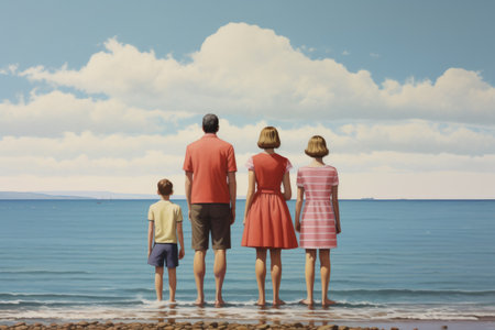 Rear view of a family standing on the beach looking at the sea, Back view of a family at the seaside, AI Generatedの素材