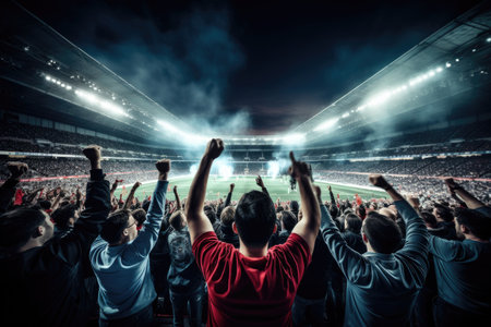 Soccer fans cheering at the stadium with fireworks in the night, Rear view of cheering football fans in stadium, AI Generatedの素材