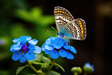 Butterfly on blue flower in the garden, nature background, Beautiful butterfly perched on a blue flower, AI Generatedの素材