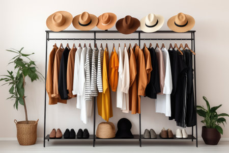 Rack with stylish clothes, shoes and accessories in room. Interior design, Building stylish wardrobe, seasonal capsule for easy dressing, order in things concept, AI Generatedの素材