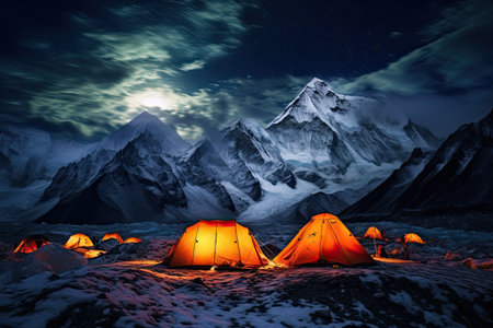 Camping in Himalaya mountains at night, Nepal, Asia, AI Generatedの素材
