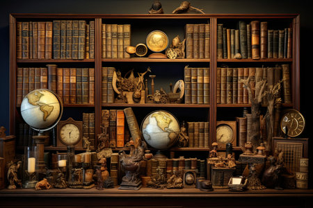 Antique bookshelf with various vintage items in a dark room, AI Generatedの素材