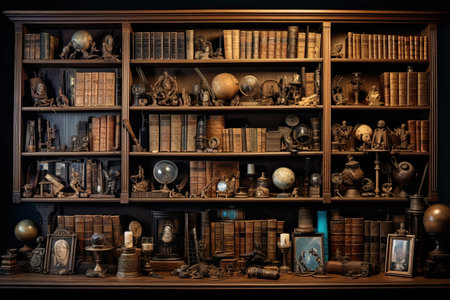 Antique bookshelf with old books and tools in the library, AI Generatedの素材