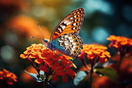 Butterfly on orange flower in the garden with nature background, AI Generatedの素材