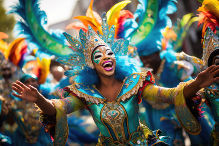 Participants in the Barranquilla Carnival in Barranquilla, Colombia. Barranquilla Carnival is one of the biggest carnival in the world, A lively colorful carnival parade with dancers, AI Generatedの素材
