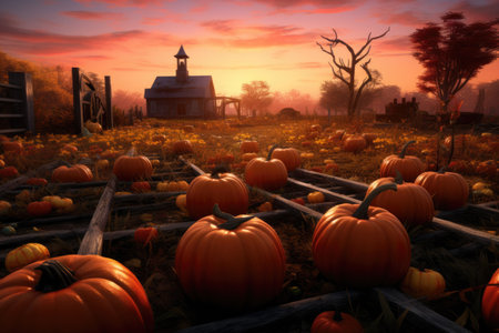 Halloween pumpkins at sunset with a beautiful sky in the background, A pumpkin patch with autumn leaves falling, AI Generatedの素材