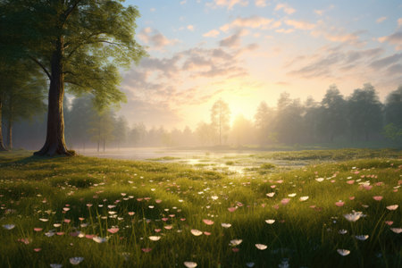 Beautiful sunrise in the misty meadow with a tree and flowers, A tranquil springtime meadow in the early morning covered in dew and flower buds, AI Generatedの素材