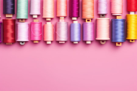 Colorful sewing threads on pink background. Top view with copy space, Colorful thread spools and buttons on a pink background, AI Generatedの素材