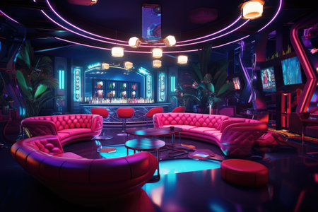 Interior of a night club with neon lights, 3d render, Colorful interior of a bright and beautiful night club with dark seats and glowing lights, AI Generatedの素材
