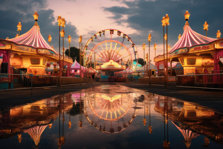 Amusement park in the evening with reflection of the carousel, Colorful summer carnival at dusk, AI Generatedの素材