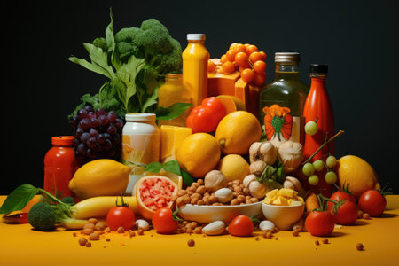 Healthy food. Vegetables, fruits and other foodstuffs, Composition with food products rich in iron, AI Generatedの素材