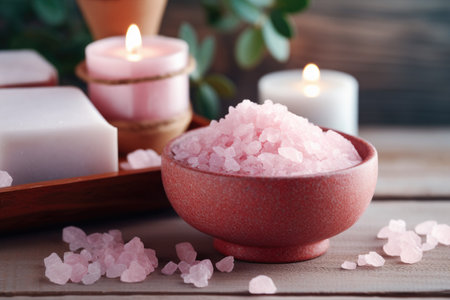 Himalayan salt in bowl with flowers on wooden table, closeup, Concept of spa treatment with pink salt, AI Generatedの素材