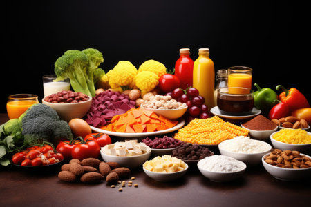 Healthy food clean eating selection on wooden background. Balanced diet, Composition with food products rich in iron, AI Generatedの素材